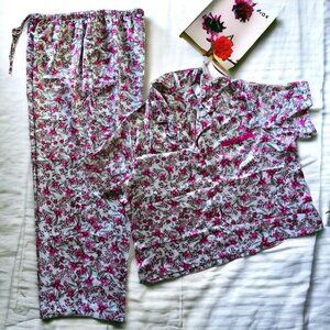 NWOT ADONNA ( 1X ) 2PC Satin Pink Floral Short Sleeve/Long Pants Pajamas